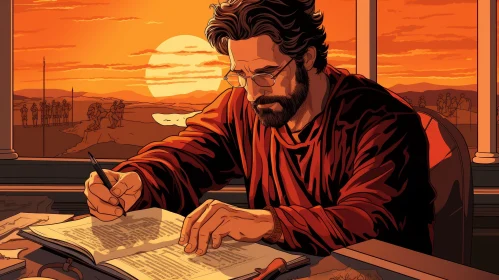 Man Writing in Journal at Sunset
