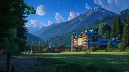 Mountain Valley Hotel Landscape with Moonlight