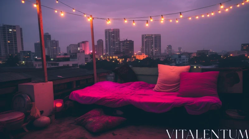 Night City Rooftop View with Bed and Light Bulbs AI Image