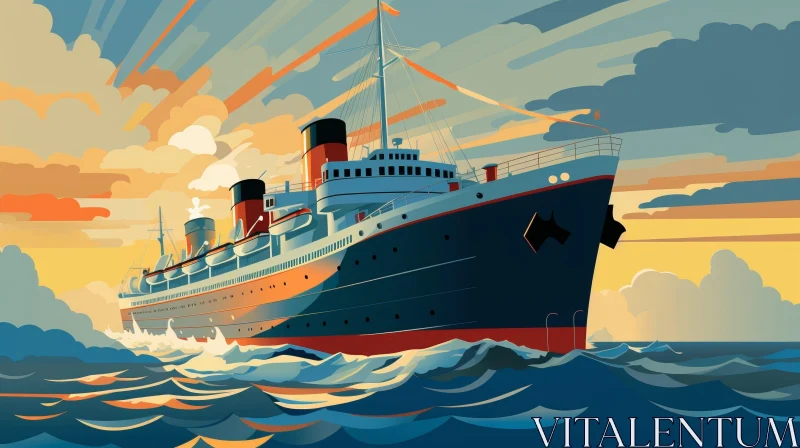 Passenger Ship Illustration in Rough Sea AI Image