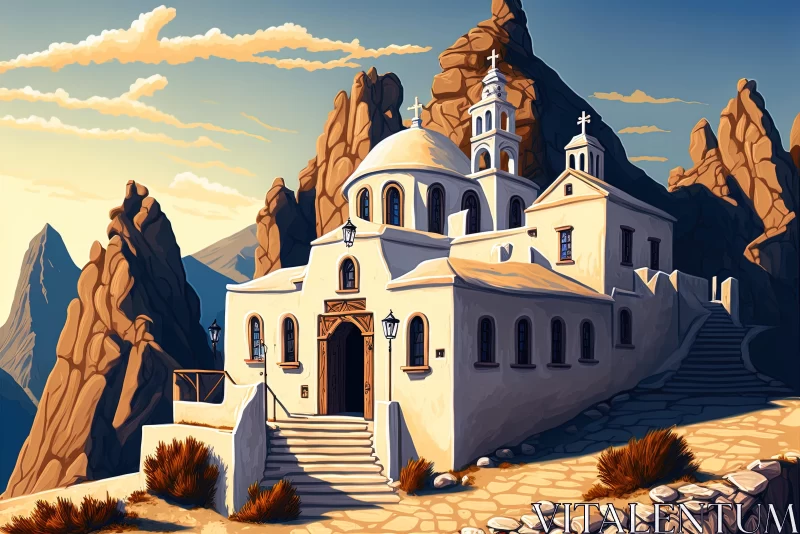 Serene White Church in Majestic Mountain Setting | Greek Art Influence AI Image