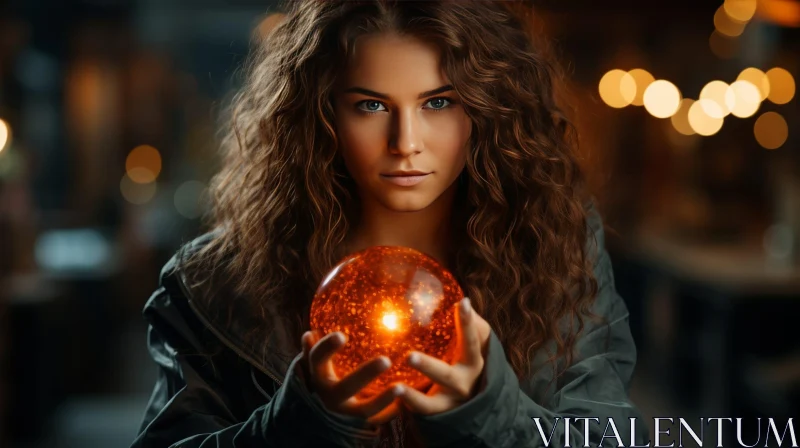 Serious Woman with Glowing Orange Ball - Portrait Photography AI Image