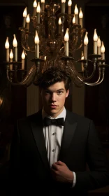 Serious Young Man in Black Tuxedo Standing in Front of Chandelier