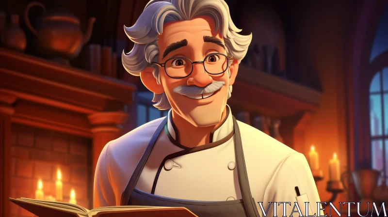 Smiling Elderly Chef in Kitchen AI Image