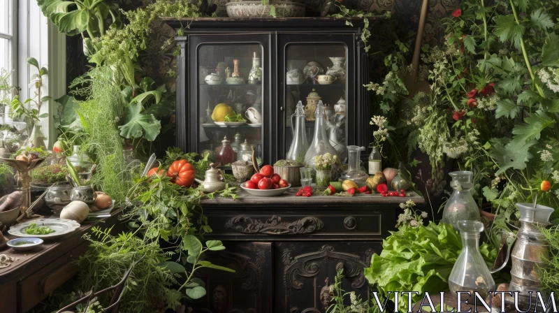 Still Life Wooden Cabinet with Glass Case and Abundance of Fruits and Vegetables AI Image