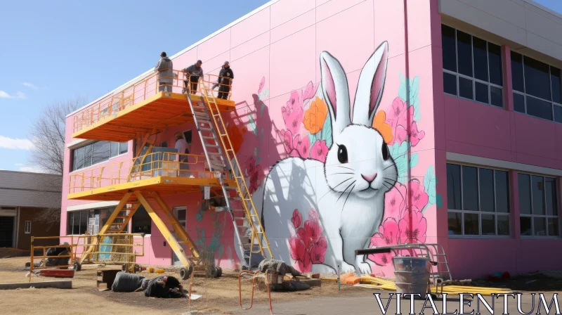 Street Art Wonder: Woman Painting a Pink Building With Rabbit AI Image