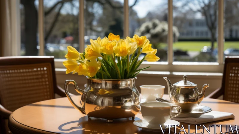 Sunlit Vintage Tea Set with Yellow Flowers in English Countryside AI Image