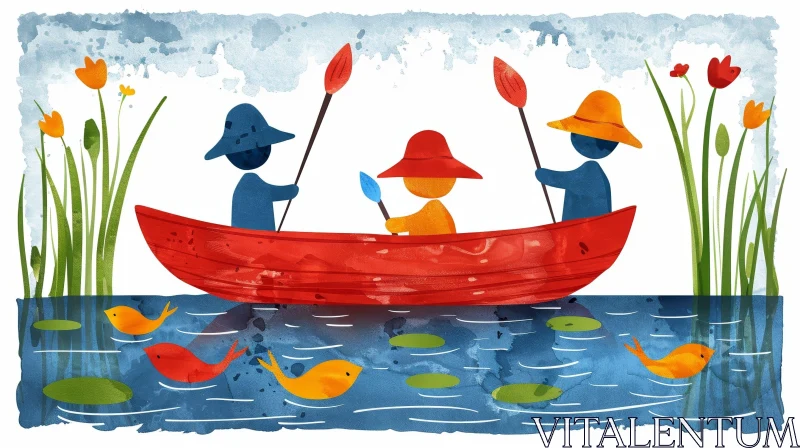 Three People in Red Boat Watercolor Painting AI Image