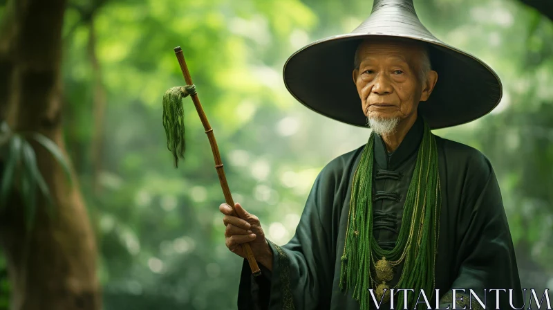 Tranquil Elderly Asian Man in Green Robe AI Image