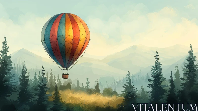 Tranquil Landscape with Colorful Hot Air Balloon AI Image