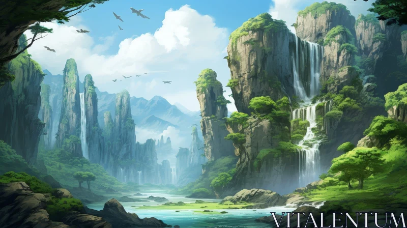 AI ART Tranquil Valley Landscape with River and Mountains