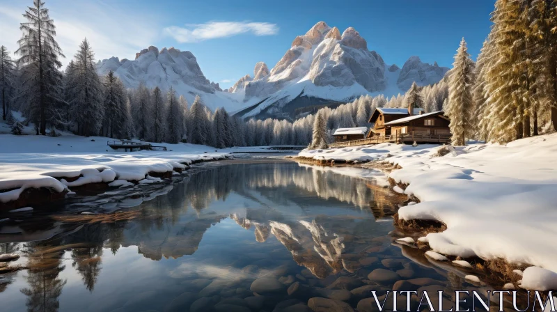 Tranquil Winter Landscape with Snow-Capped Mountain and River AI Image