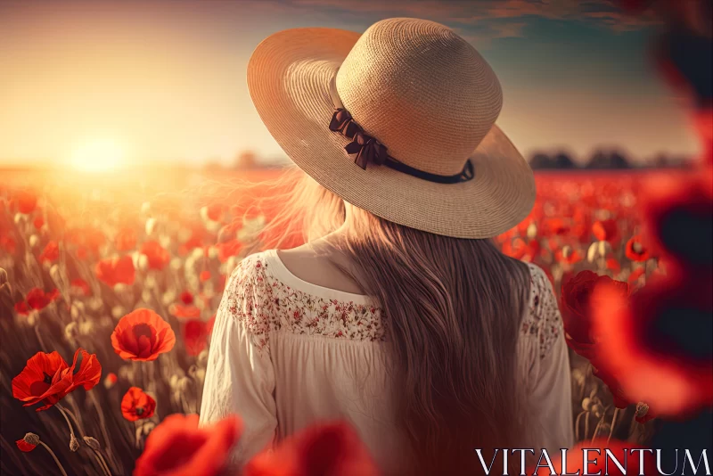 Woman in a Hat Surrounded by Vibrant Poppy Flowers at Sunset AI Image