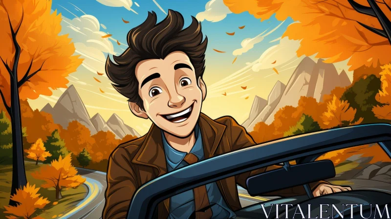 Young Man Driving Convertible in Autumn Landscape AI Image