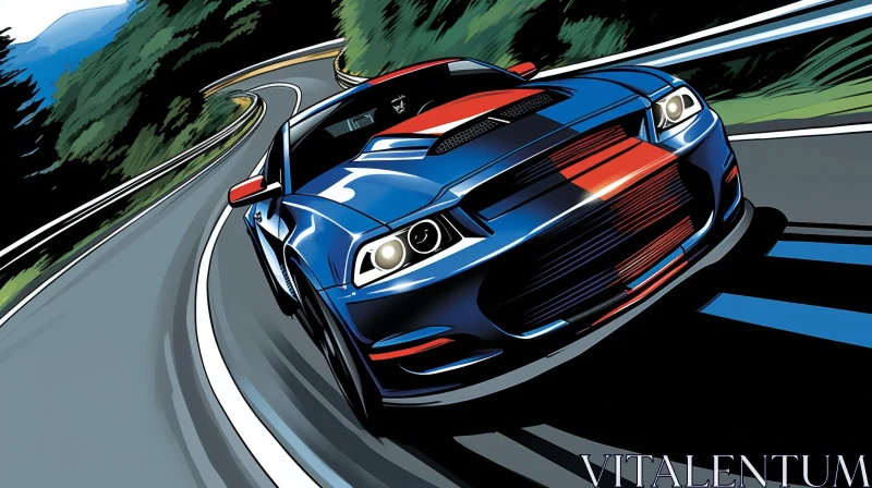 Blue and Red Sports Car Driving on Winding Road AI Image