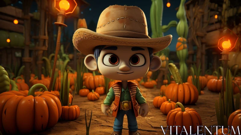 Boy in Cowboy Hat in Pumpkin Field AI Image