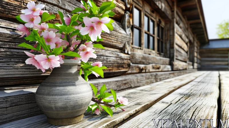 Charming Wooden House with Pink Flowers on the Porch AI Image