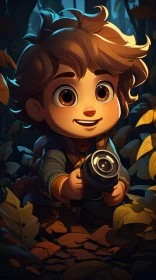 Charming Young Boy in Forest Cartoon Illustration