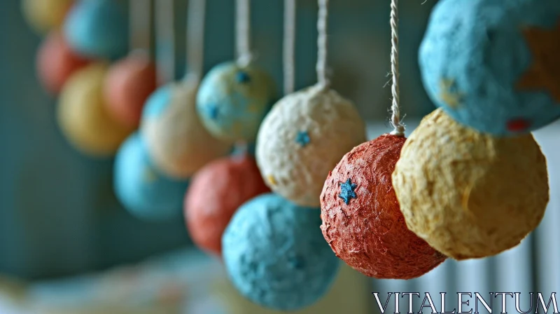 Colorful Handmade Paper Balls Hanging on Strings | Abstract Art AI Image