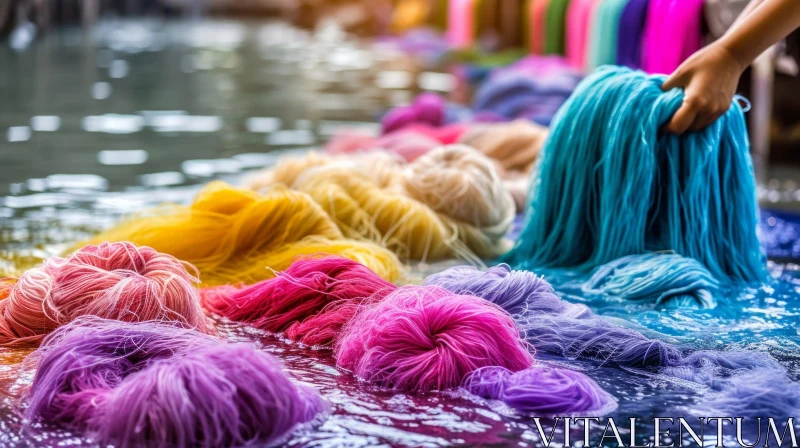 Colorful Yarn Skeins Floating in a River - Captivating Artwork AI Image