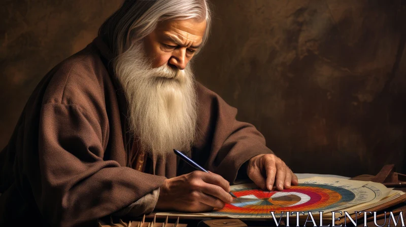 Elderly man writing at desk - Serene character portrait AI Image
