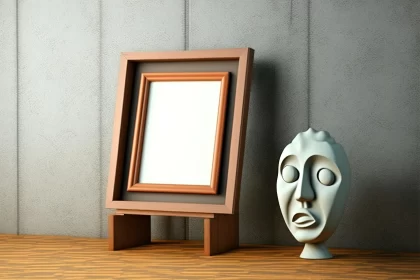 Empty Picture Frame with Wooden Sculpture - Stylized Portraiture