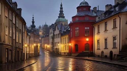 Enchanting Old European City Street on Rainy Day