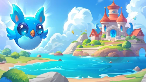 Fantasy Cartoon Landscape with Castle and Blue Bird
