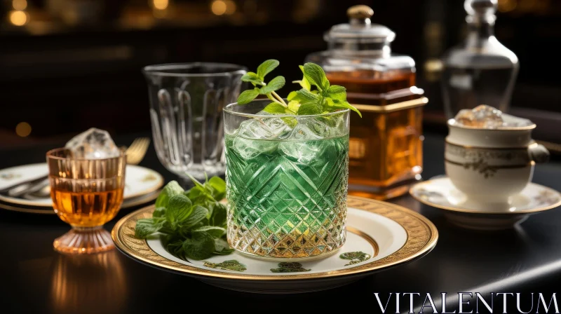 Green Cocktail in Crystal Glass with Mint on Table AI Image