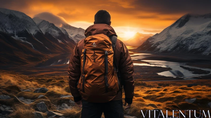 Man on Hilltop Admiring Sunset Mountain Landscape AI Image