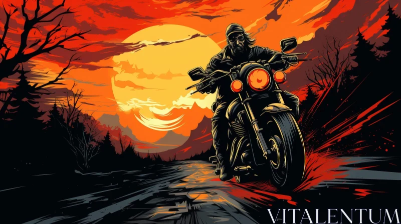 AI ART Man Riding Motorcycle Through Snowy Forest at Sunset