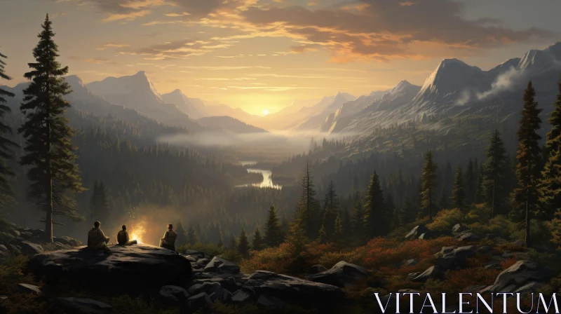 Mountain Valley Sunset Painting - Serene Nature Artwork AI Image