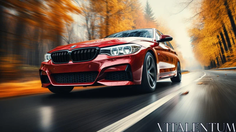 Red BMW M3 Speeding on Countryside Road AI Image