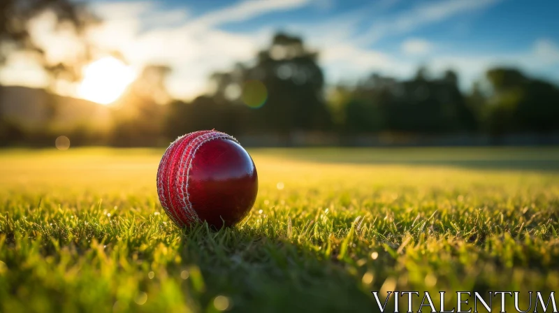 Red Cricket Ball on Green Field - Close-Up Image AI Image