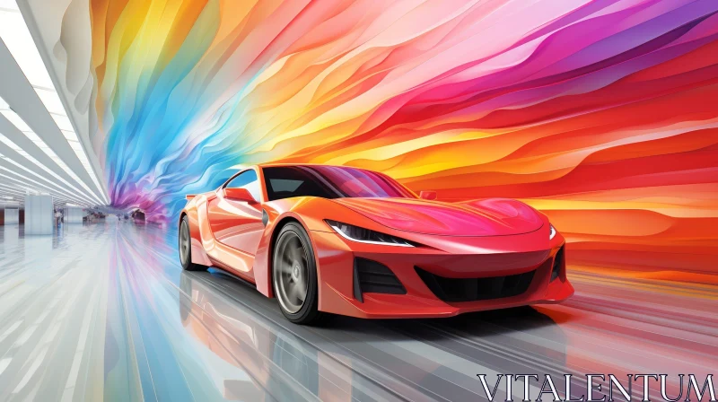 Red Sports Car Driving Through Colorful Tunnel AI Image