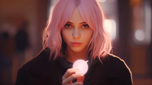 Serious Pink-Haired Woman with Glowing Ball