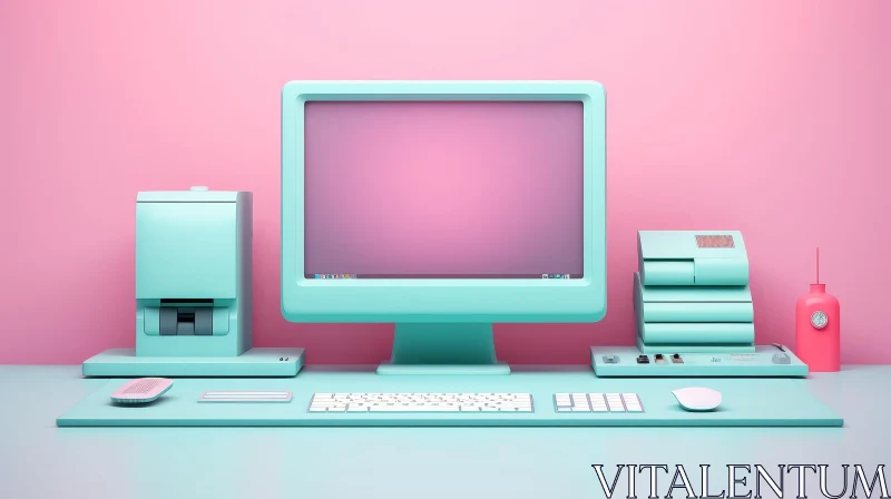 Vintage Desktop Computer on Pink Background AI Image