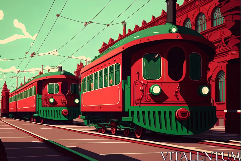 Art Nouveau Style Illustration of Red and Green Trains on Tracks AI Image