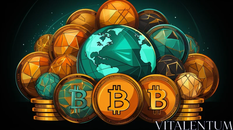 AI ART Bitcoin Globe and Coins - Digital Currency Art