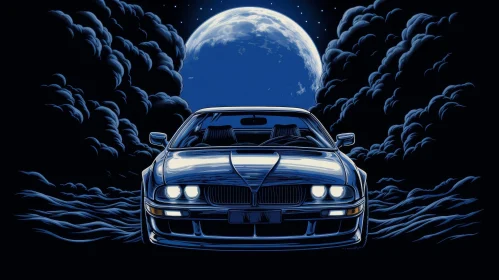 Blue Retro Car on Asphalt Road Under Full Moon