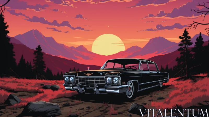 Classic 1960s Car in Mountainous Landscape - Digital Painting AI Image