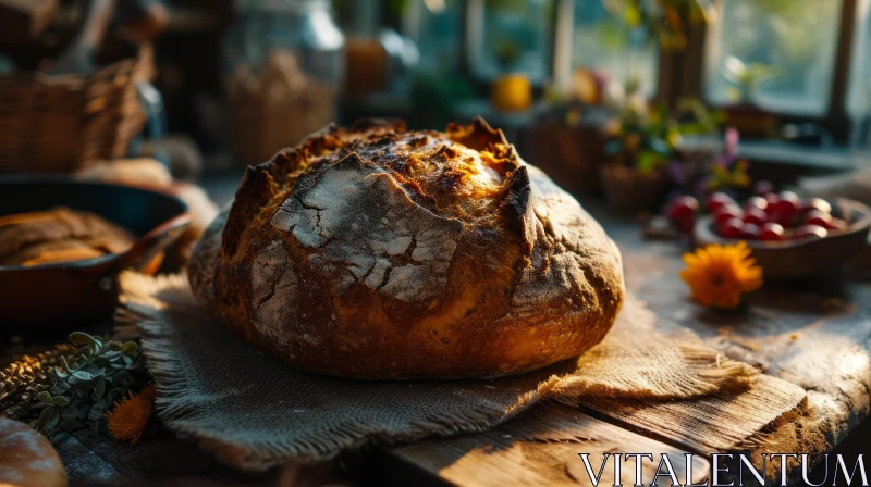 AI ART Close-Up of a Loaf of Bread on a Wooden Table | Warm and Inviting