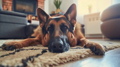 Close-Up of German Shepherd Dog in Front of Fireplace