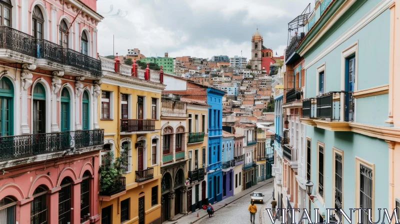 Colorful Latin American City Street with Church on Hill AI Image