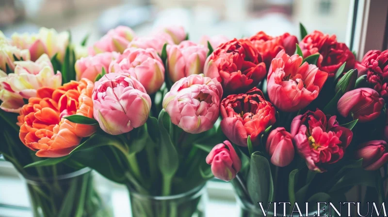 Colorful Tulip Bouquet in Glass Vase - Romantic Floral Composition AI Image