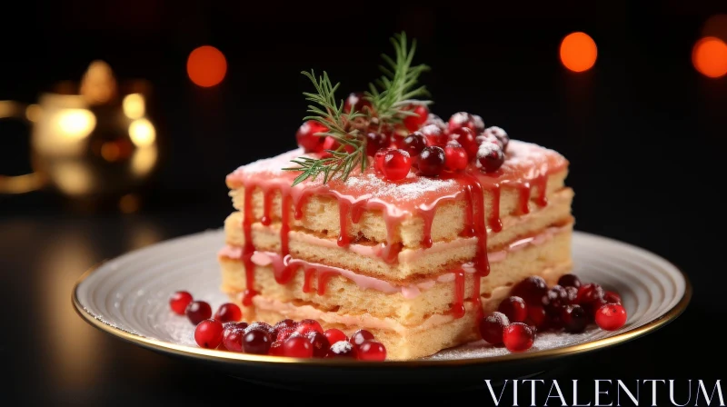 Delicious Cake Slice on White Plate with Cranberries and Rosemary AI Image