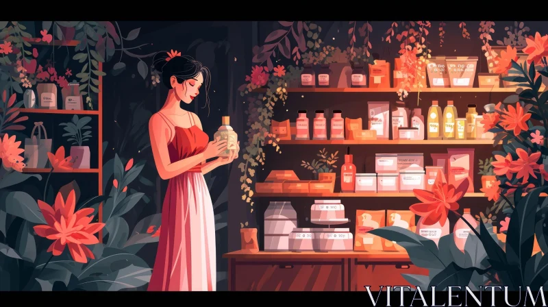 Digital Illustration of a Woman in a Red Dress in a Beauty Supply Store AI Image