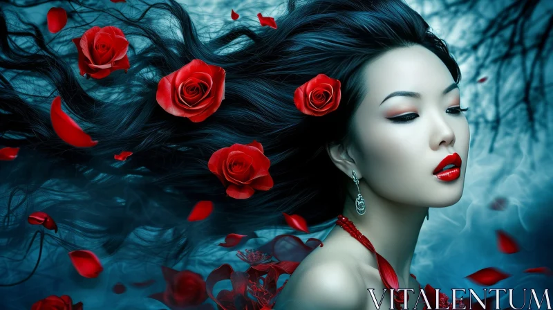 Elegant Asian Woman Portrait in Red Dress: A Captivating Image AI Image