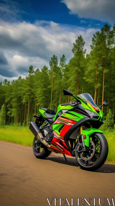 Green & Black Kawasaki Ninja ZX-10R Motorcycle in Forest AI Image