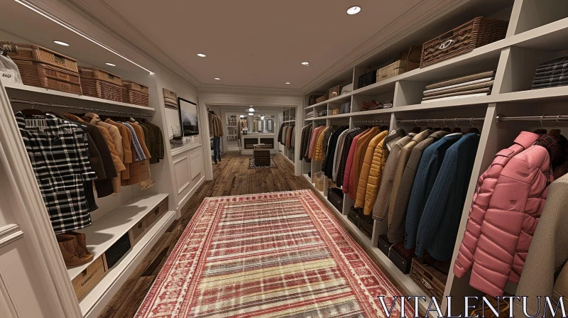 Luxurious Walk-in Closet with White Shelves and Marble Island AI Image